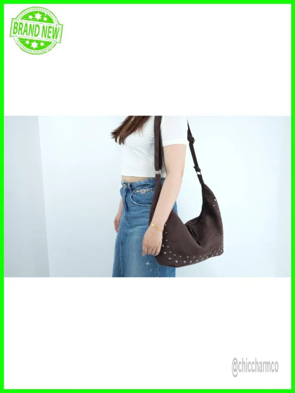 Faux Suede Hobo Bag with Studs - Adjustable Crossbody Shoulder Purse